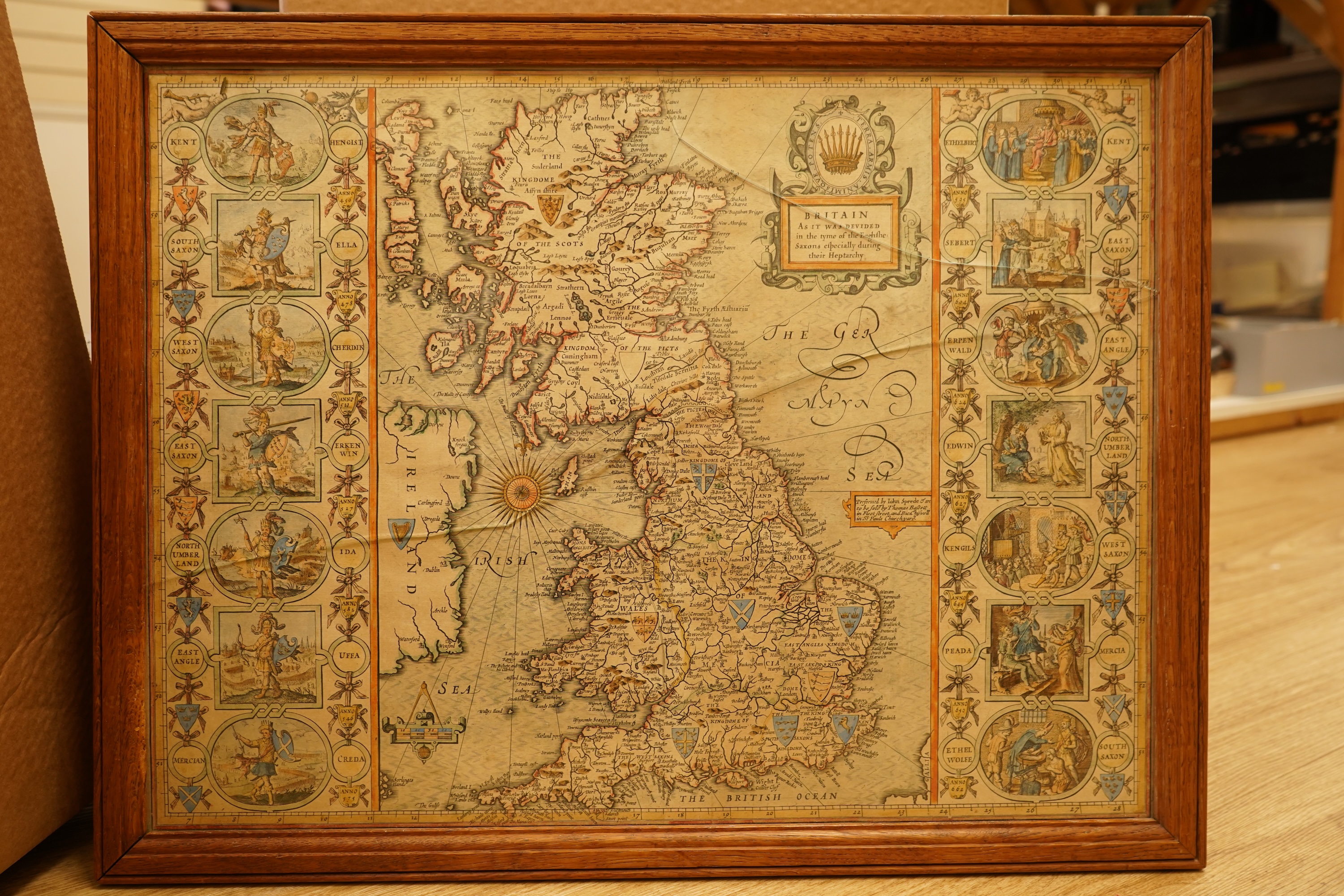 Four early maps comprising: two after Philip Lea, ‘The County of Northampton’ and ‘Monmouth’ together with two after John Speede, ‘Great Britain’ and ‘The County of Monmouth’, 40 x 49cm